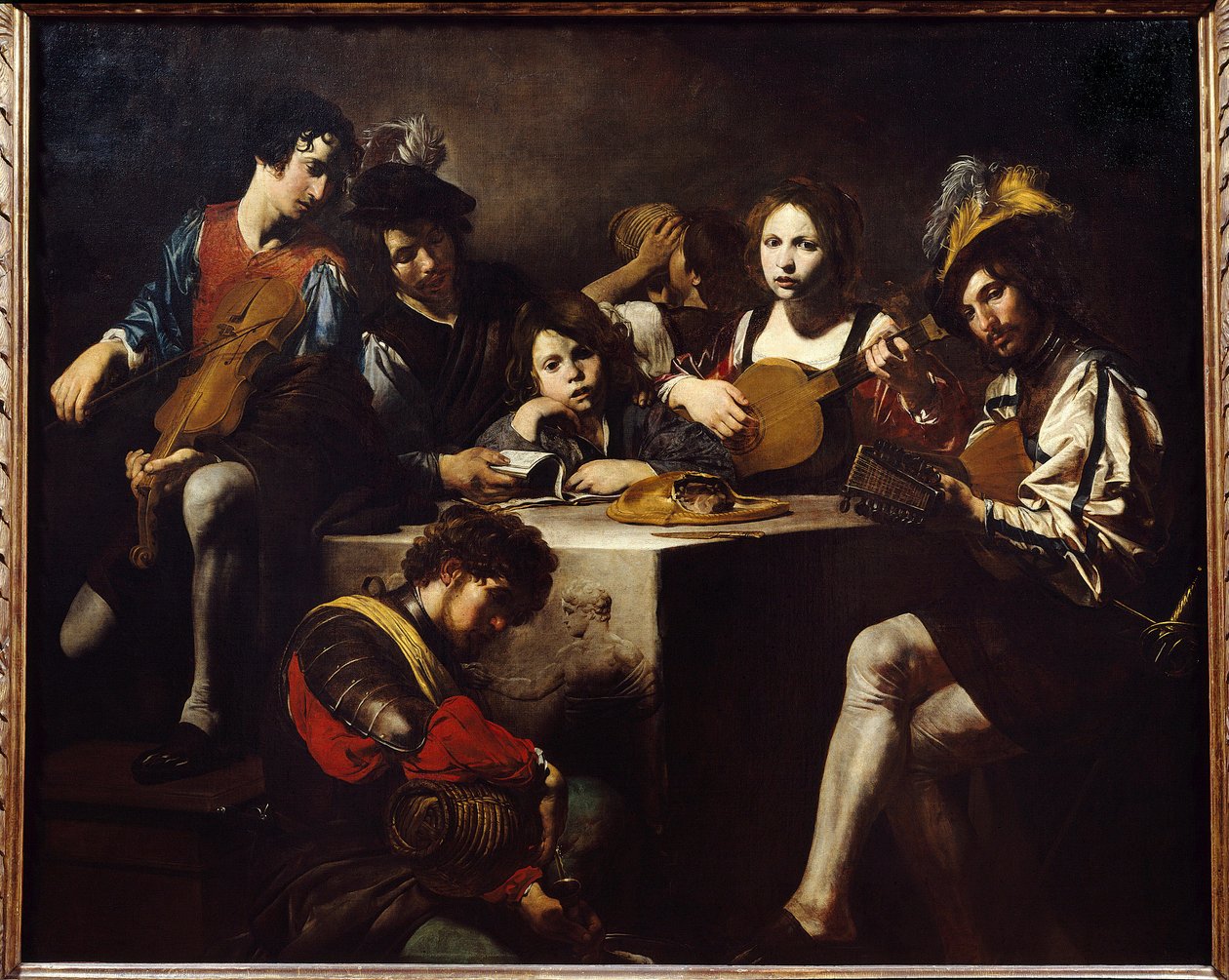 Lågreliefkonserten. Musiker samlades runt ett skulpterat altare. Målning av Valentin de Boulogne (1591-1632). Dämpa. 1,73 X 2,14 m. av Valentin de Boulogne