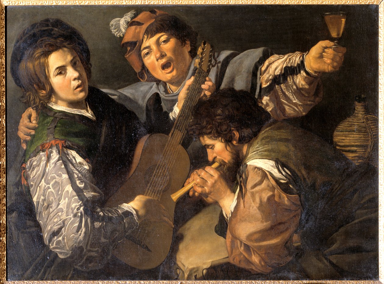 Tre män som gör musik, ca 1616 (olja på duk) av Valentin de Boulogne