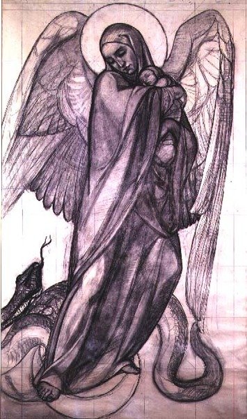 The Virgin of the Apocalypse, 1925 (kol & penna på papper) av Valentine Reyre
