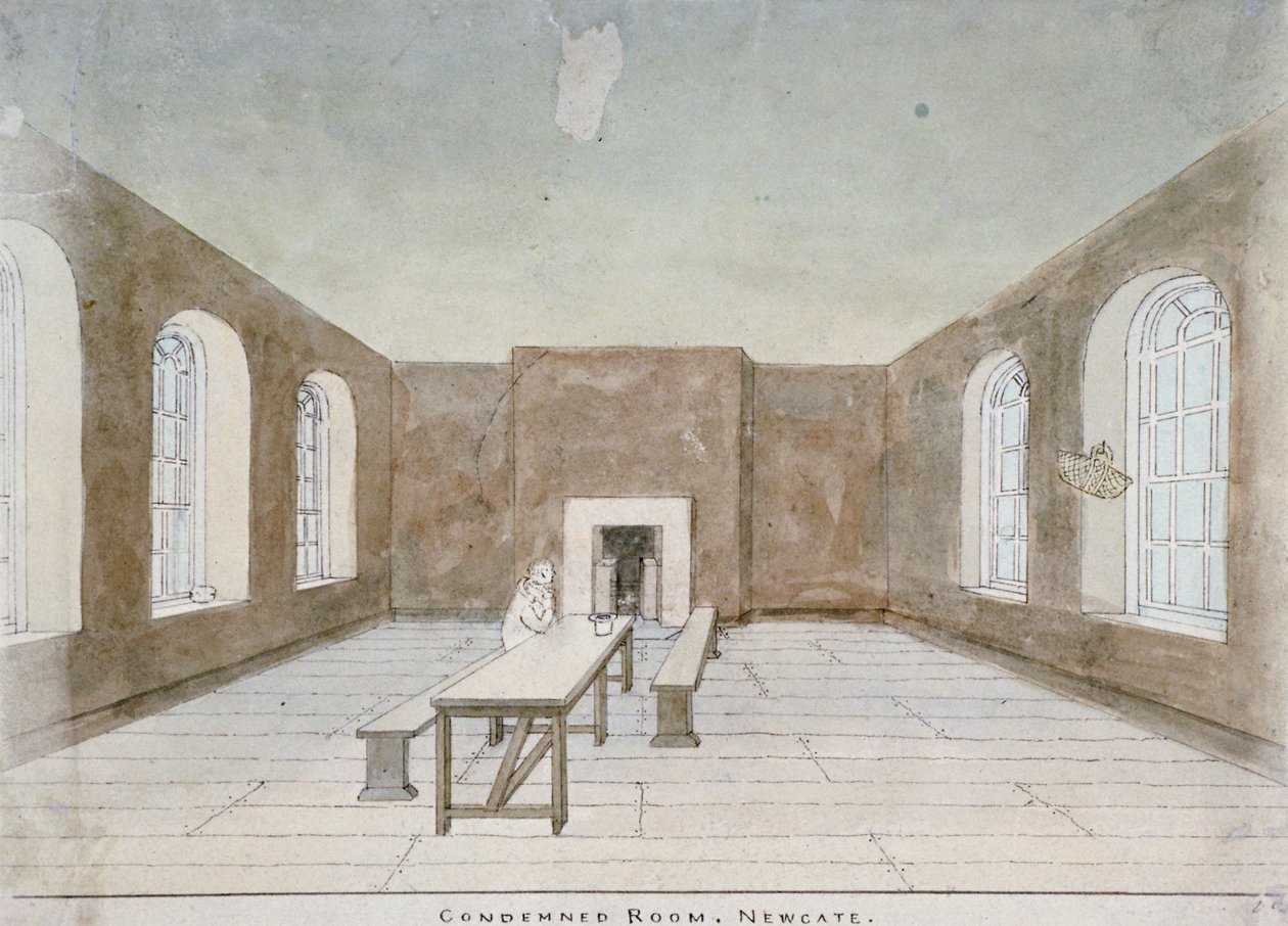 Interiör av det dömda rummet i Newgate Prison, Old Bailey, City of London, 1810 av Valentine Davis