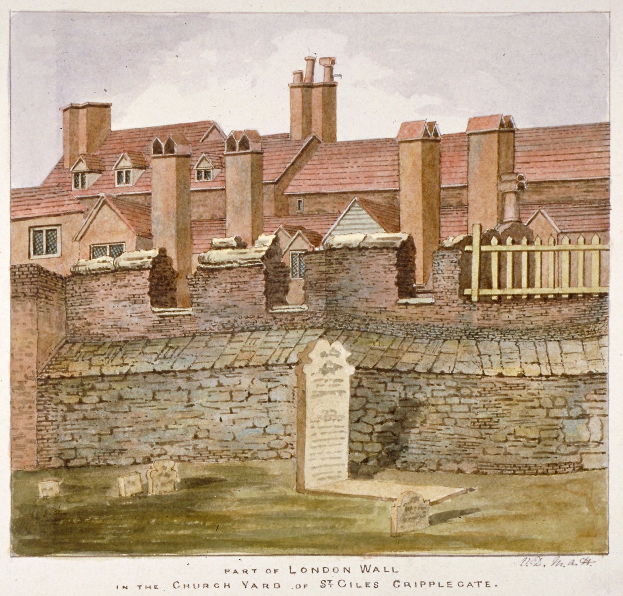 Rester av London Wall på kyrkogården i St Giles utan Cripplegate, City of London, 1825 av Valentine Davis