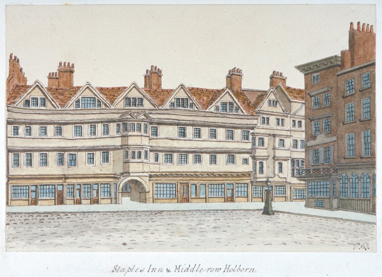 Utsikt över Staple Inn och byggnaderna i Middle Row i centrala Holborn, London, 1850. av Valentine Davis
