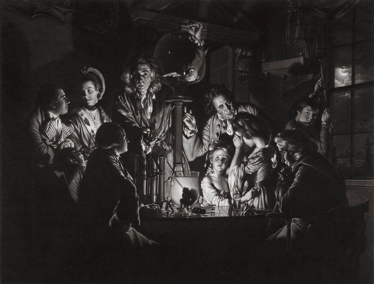 Ett experiment på en fågel i luften efter Joseph Wright från Derby, 1769. av Valentine Green