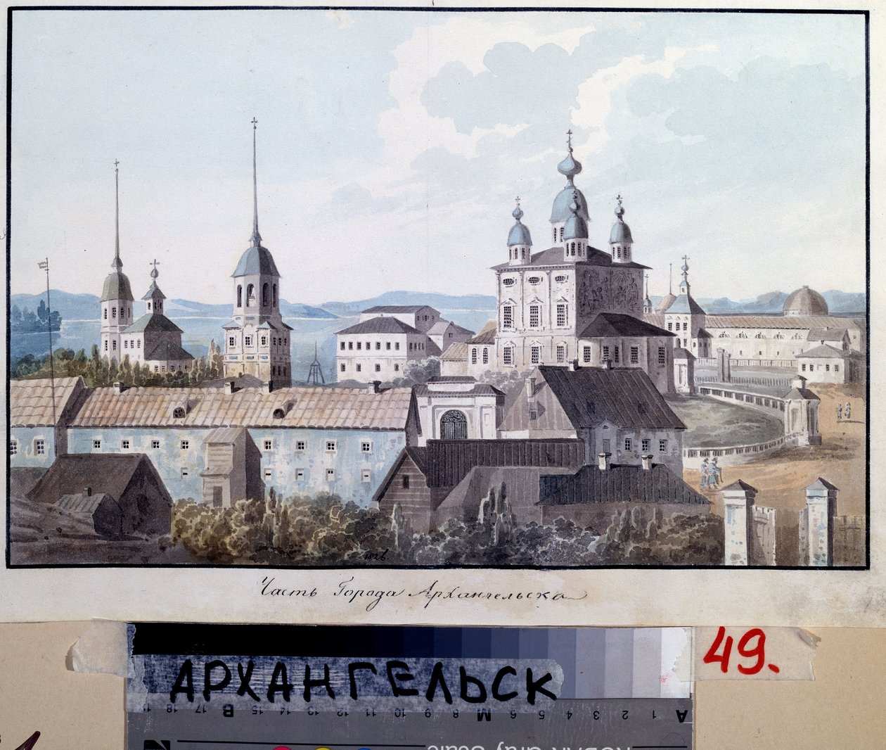 Utsikt över staden Arkhangelsk (Ryssland) (Utsikt över staden Arkhangelsk). Verk av Valeri Yemelyanovich Galyamin (1794-1855), akvarell på papper av Valeri Yemelyanovich Galyamin