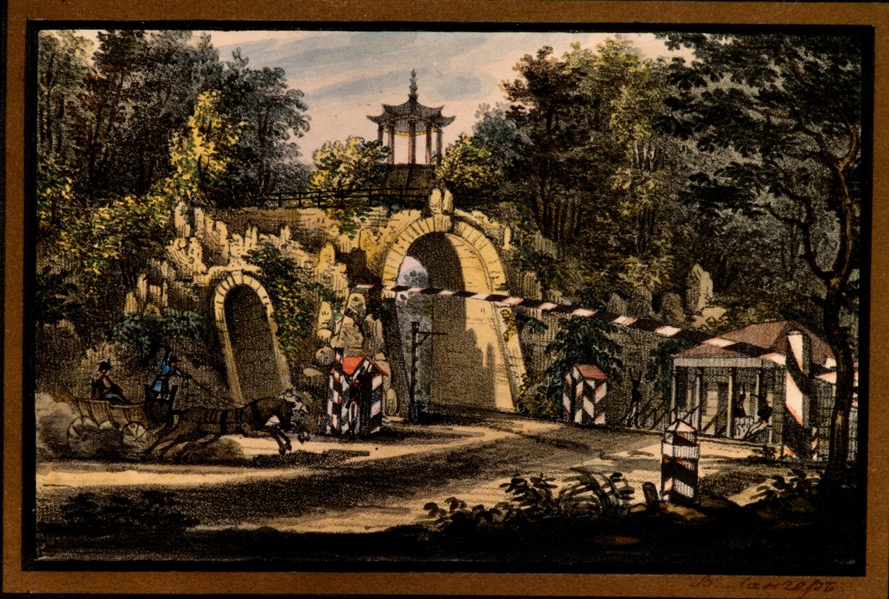 ""Grand Caprice-paviljongen i Katarinaparken i Tsarskoye Selo"" av Valerian Platonovich Langer (1799-1870), Litografi, akvarell, ca 1820, Statens friluftsmuseum Tsarskoye Selo, St. Petersburg Â av Valerian Platonovich Langer