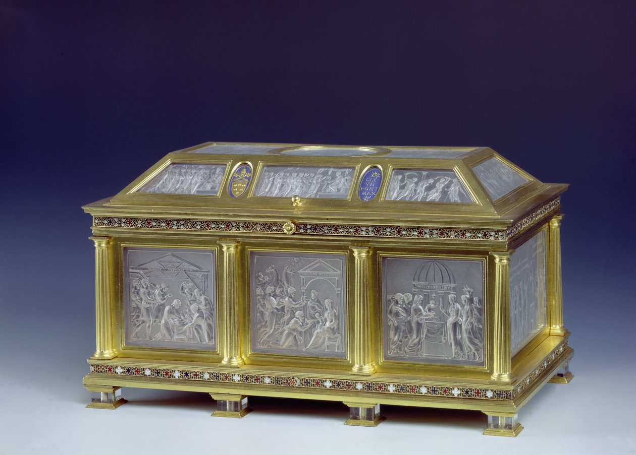 Kassa som visar födseln, tillbedjan av männen och presentationen i templet, 1533 (bergkristall och guld) av Valerio Belli