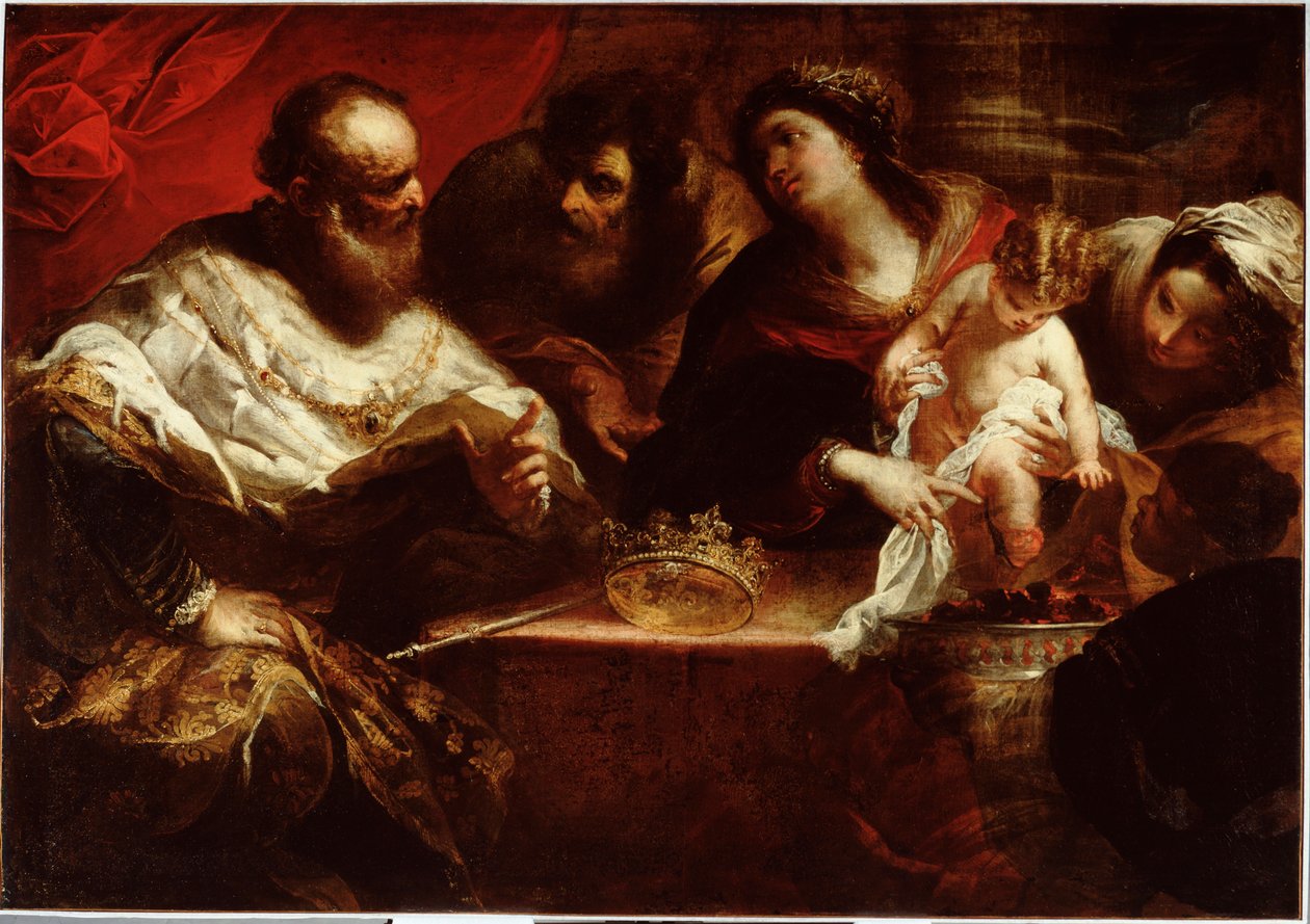Moses och miraklet med brinnande kol Mose som barn, som hade gripit faraos krona, bränner sig själv genom att ta tag i ett brinnande kol, vilket bevisar att han bara attraherades av det som lyser - (Moses och det brinnande kolet) Målning av Valerio Castell av Valerio Castello
