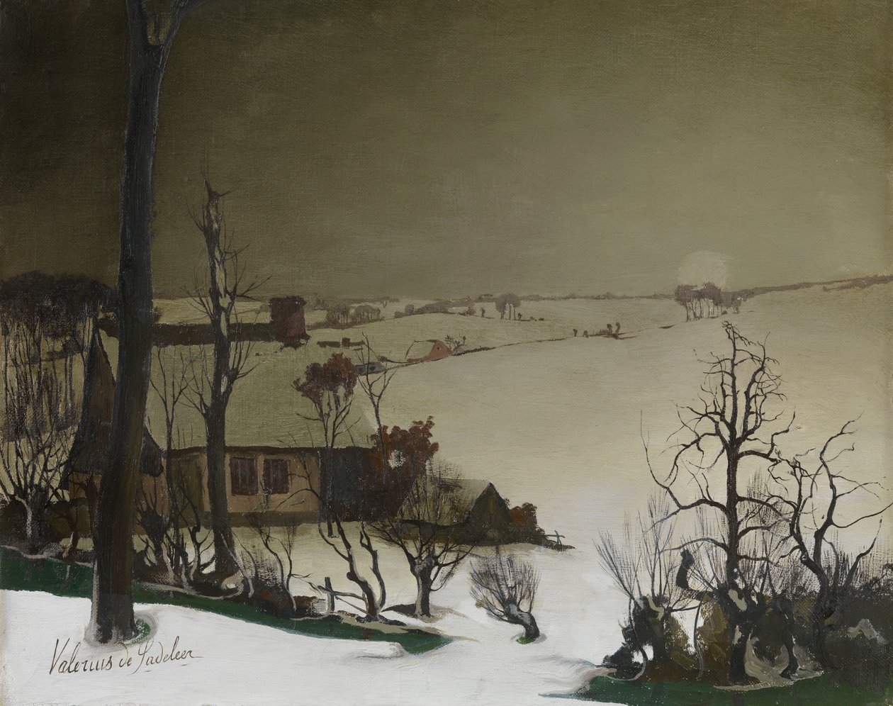 Vinterlandskap på morgonen (olja på panel) av Valerius de Saedeleer