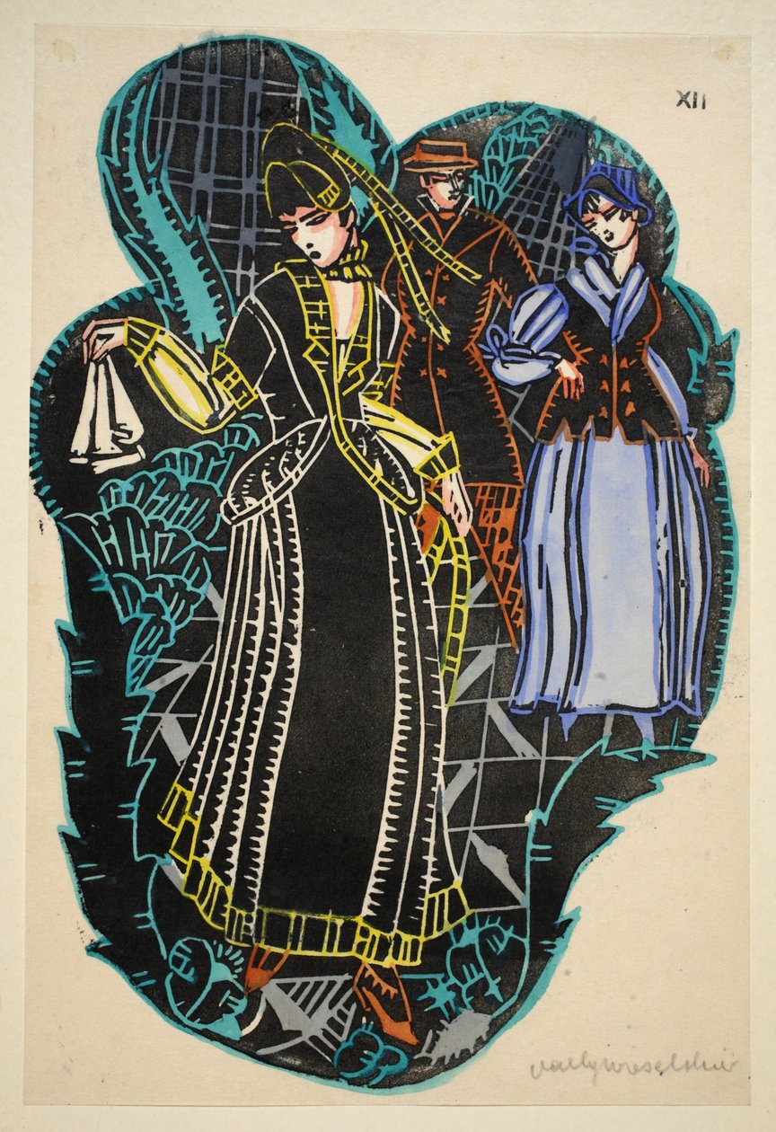 Seaside mode, skylt 12, bok 12, illustration från "Wiener Werkstatte Mode 191415", pub. Eduard Kosmack, Wien, 1914-1915 (handfärgat linosnitt) av Vally Wieselthier