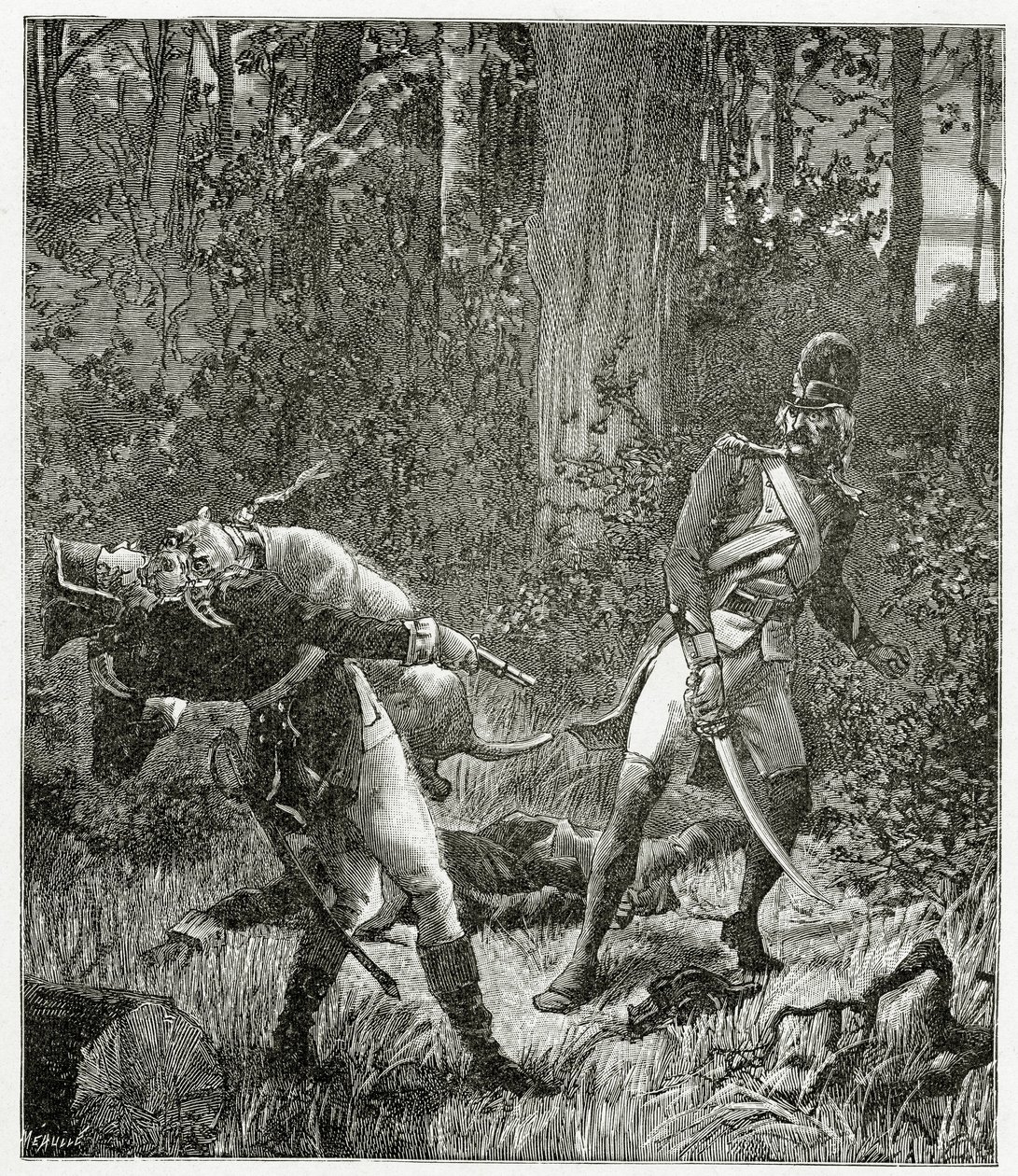 Rask hunden som dödar en engelsk soldat - illustration från Bug-Jargal, gravyr från 1800-talet f.Kr. av Valnay Pere et fils