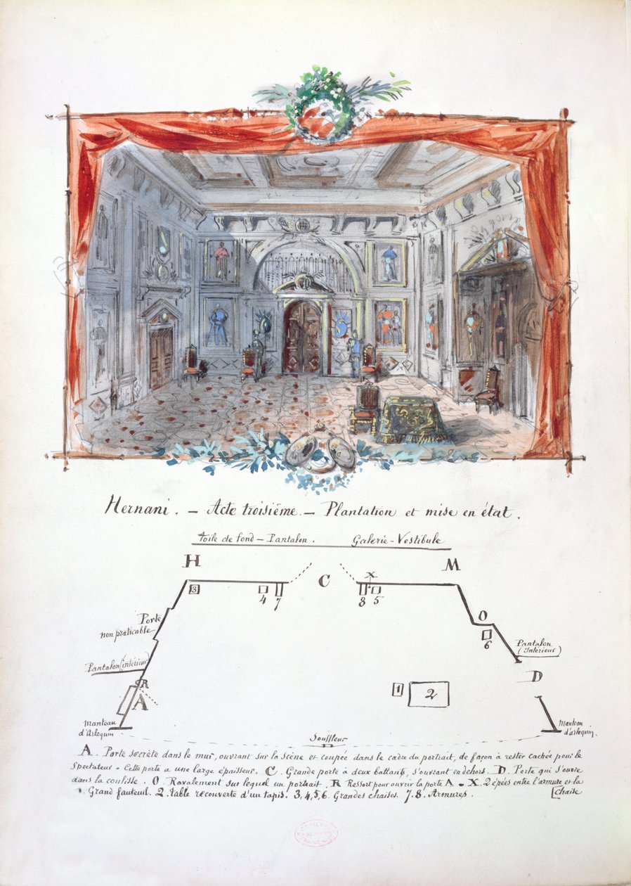 Scenografi och scenografi för en uppsättning av Hernani av Victor Hugo (1802-85) från 1877, 1879 (bläck och gouache) av Valnay Pere et fils