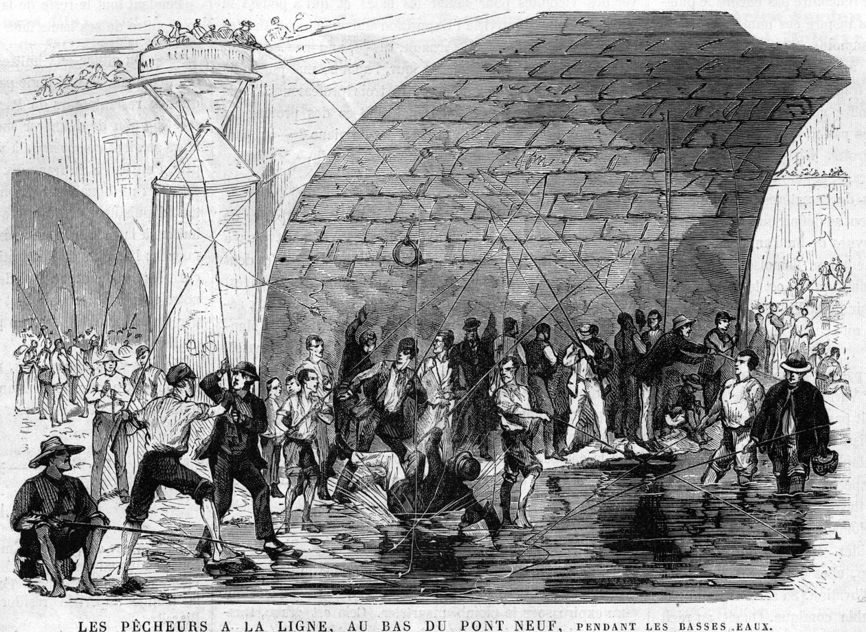 fiskaren har linan längst ner på bron nio i paris 1868 under lågvattnet. teckning av Desroches - Valnay. av Valnay Pere et fils