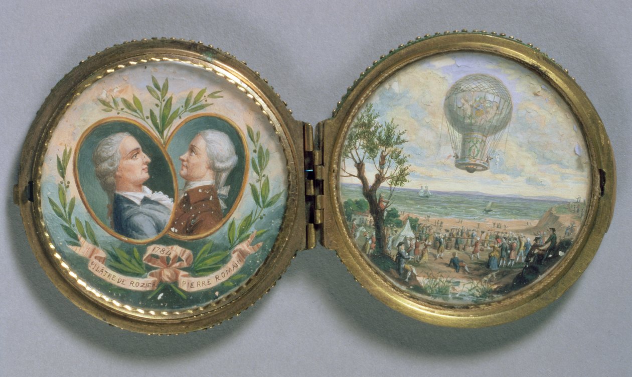 Porträttminiatyr av J.F. Pilatre och Pierre Romain med en scen av deras ballonguppstigning, 1784 (gouache på veläng) av Van Blarenberghe