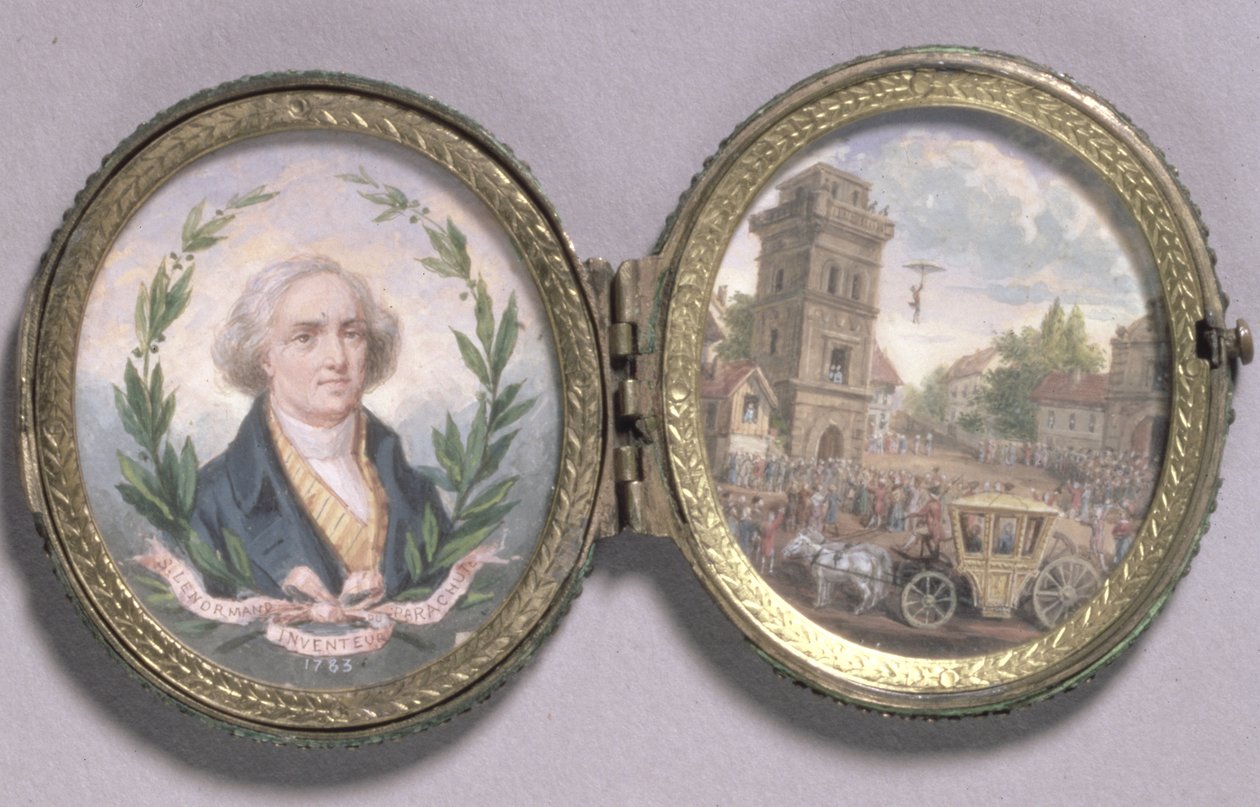 Porträttminiat av Louis-Sebastien Lenormand med en scen av hans fallskärmshoppning, 1783 (gouache på pergament) av Van Blarenberghe