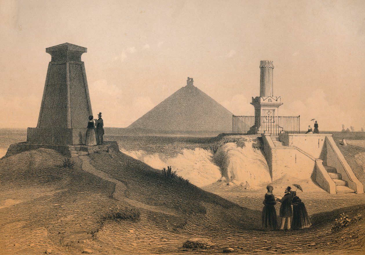 Krigsminnesmärken på slagfältet i Waterloo, Belgien, mitten av 1800-talet. av Vanderhecht