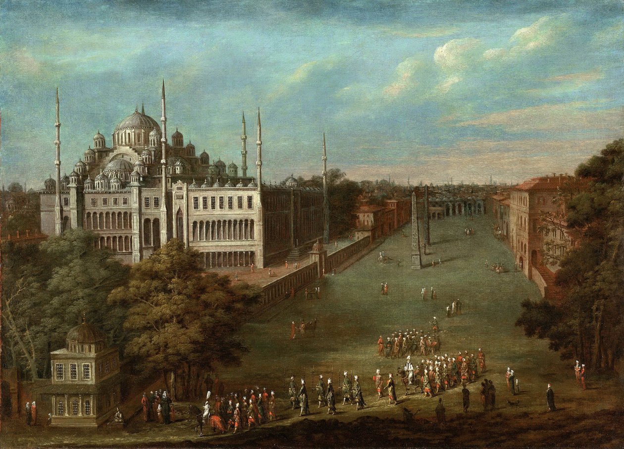 Storvesirens procession på Hippodrome-torget med Sultan Ahmed-moskén, 1737 av Vanmour