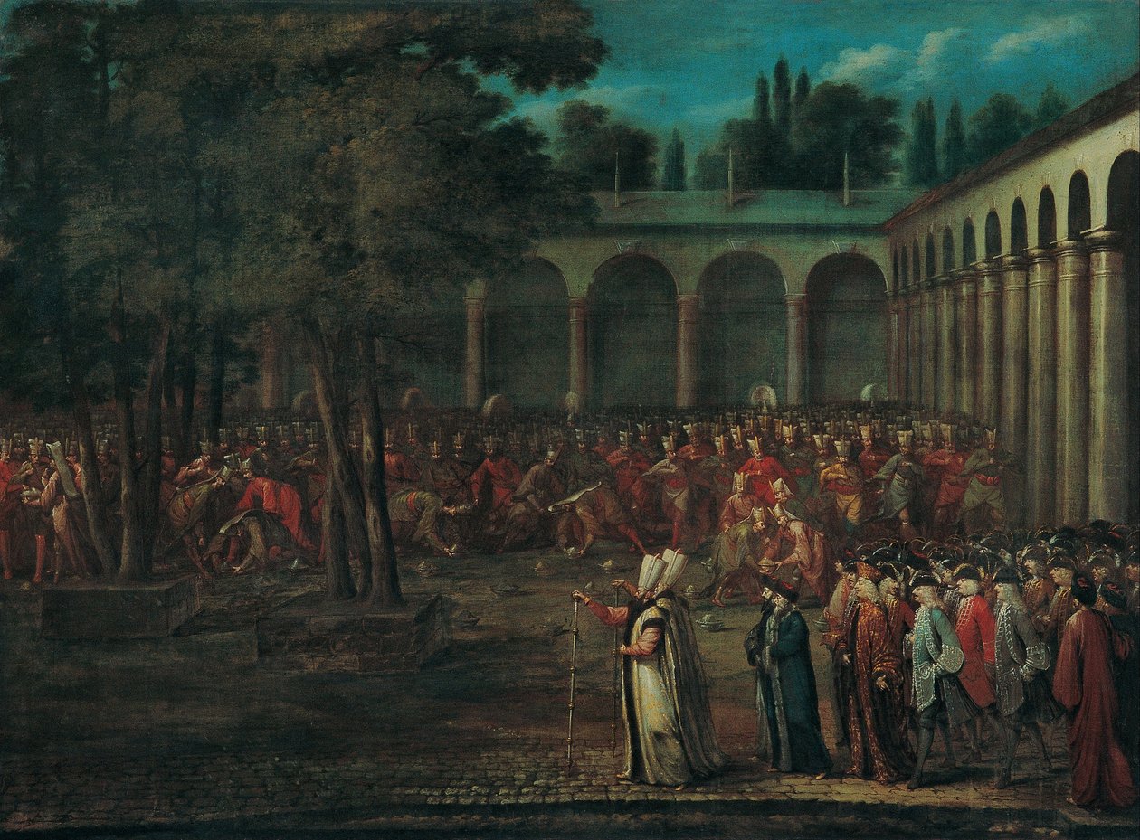 Ambassadörsdelegationen passerar genom den andra gården till Topkapı-palatset, 1720-talet av Vanmour