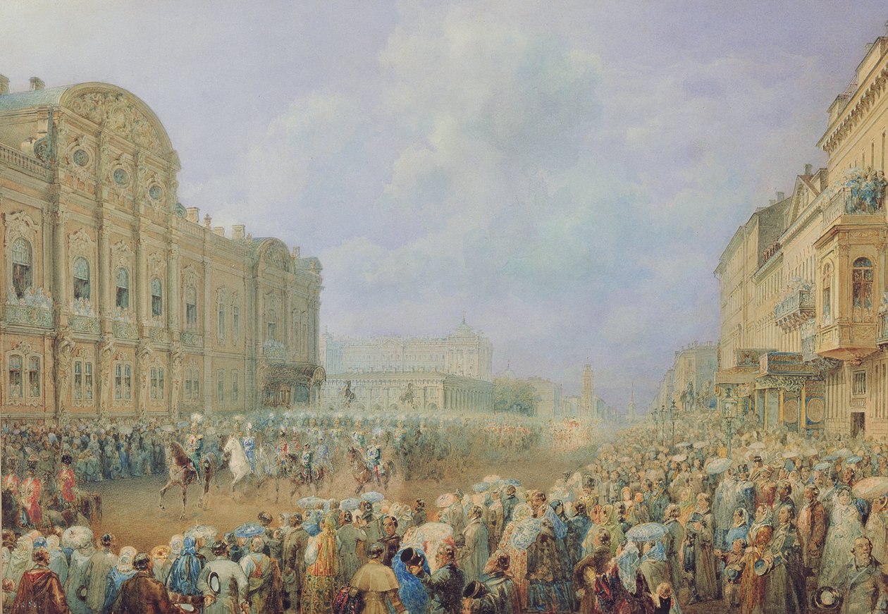 Military Review på Nevsky Avenue vid Beloselsky-Belozersky Palace, 1859 av Vasili Semenovich Sadovnikov