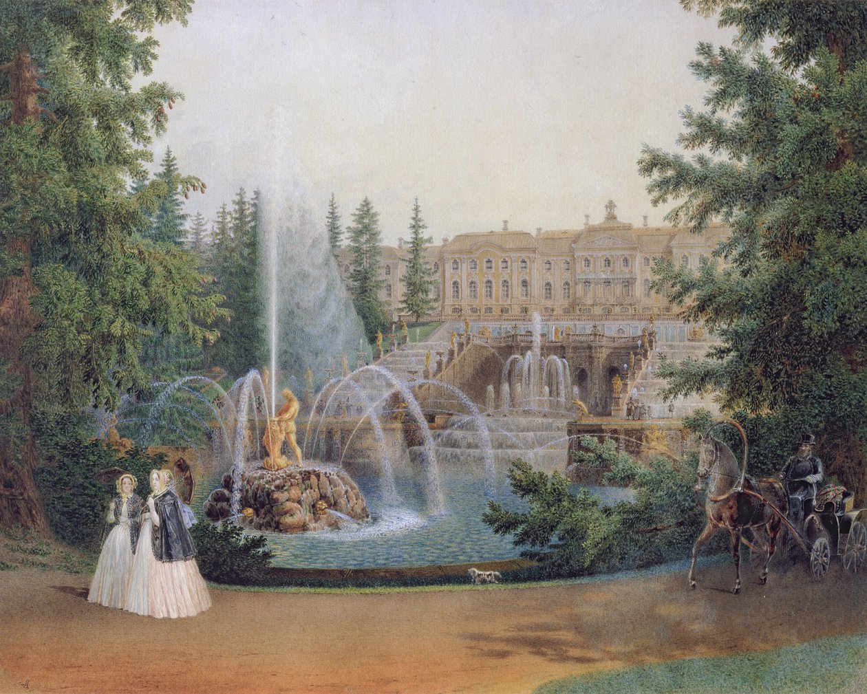 Utsikt över Marly Cascade från Peterhofpalatsets nedre trädgård, c.1830-60 av Vasili Semenovich Sadovnikov