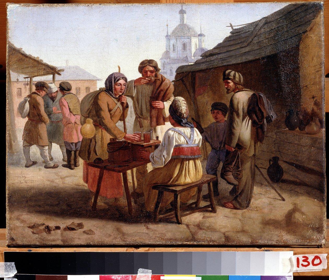 ""En resande säljare av Kvass"" Kwas (eller kwass) är en dryck som liknar öl, populär i Ryssland och i östländer. Målning av Vasili Yefimovich (1839-?) 1862 State Art Museum of the Chuvash Republic, Cheboksary av Vasili Efimovich Kallistov