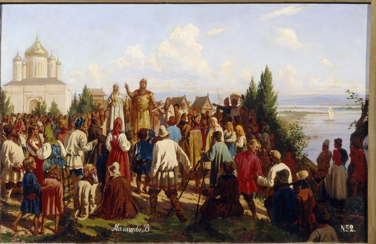 Storprinsen av Novgorod och Kiev, Yaroslav I Vladimirovich, känd som den vise (978-1054), promulgerar den första juridiska koden Russkaya Pravda 1019. (Grand Prince Yaroslav I The Wise promulgerar The First Code Of Law Russkaya Pravda 1019) . Målning av av Vasili Georgievich Malyschev