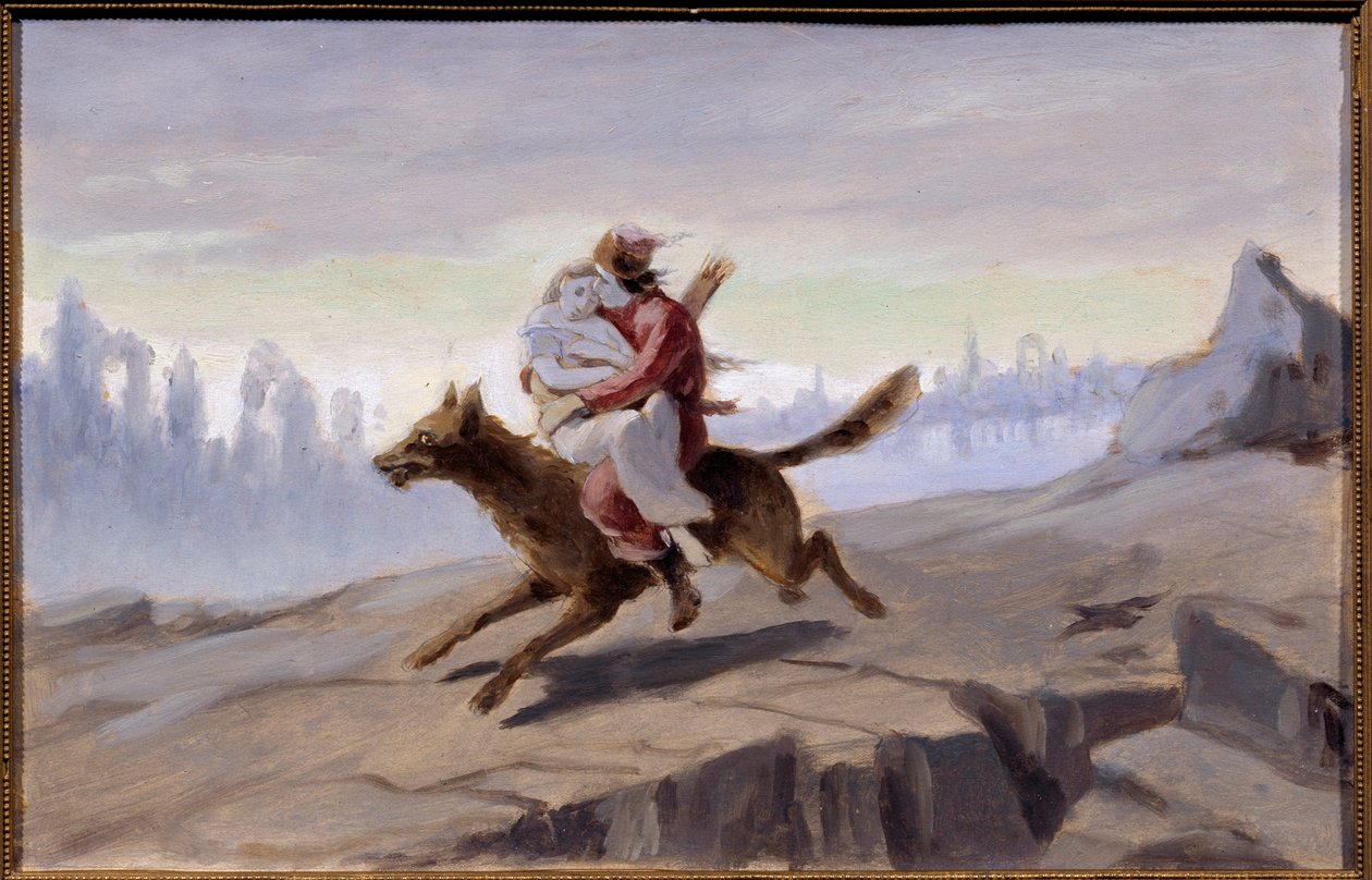 Ivan Tsarevich rider på den grå vargen (rysk traditionell berättelse) - Ivan Tsarevich rider på den grå vargen - Verk av Vasili (Vassili) Grigoryevich Perov (1834-1882), olja på papper, sent 1870 - början av 1880 - Rysk konst av Vasili Grigorevich Perov