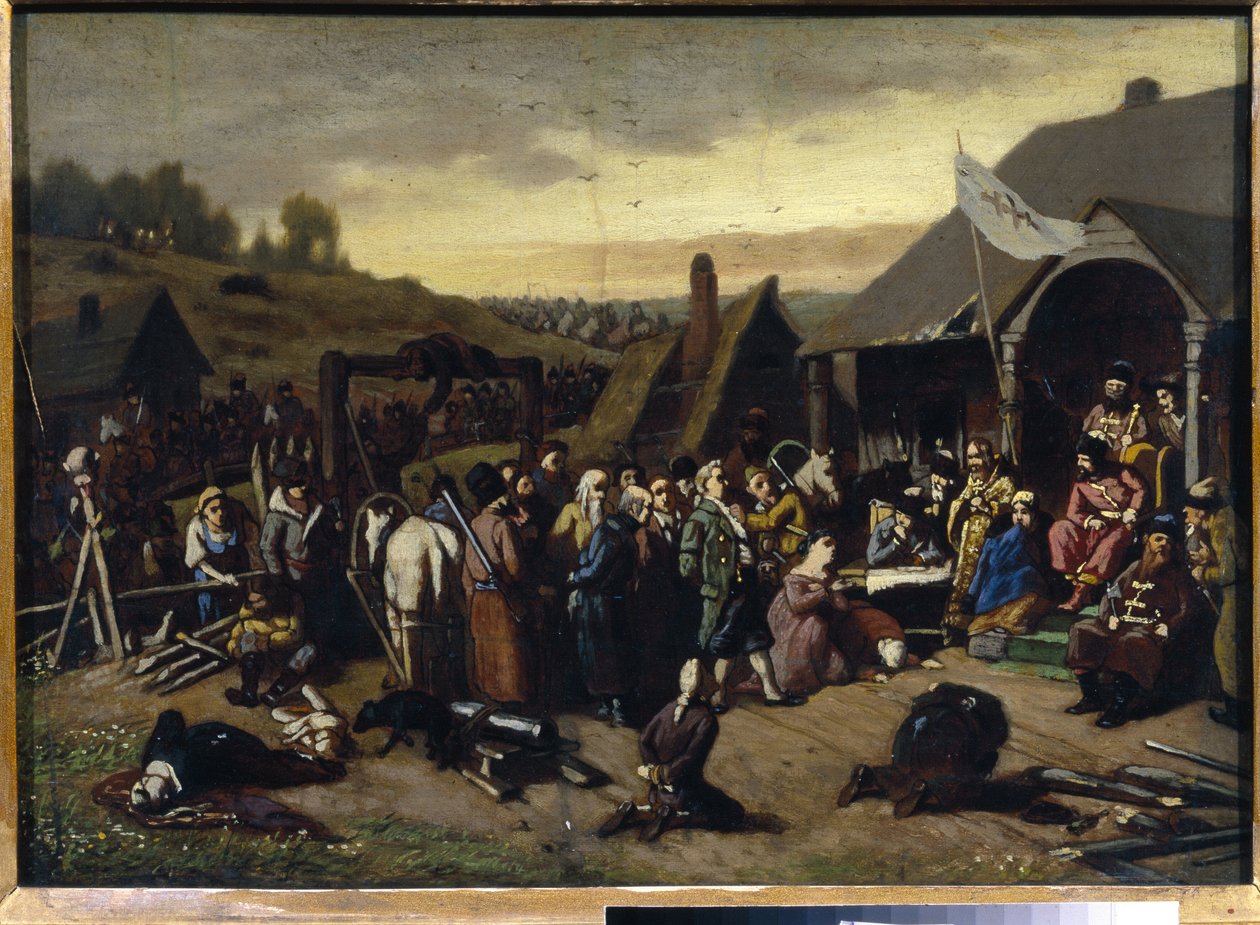 Domen av Emelian Ivanovitch Pugachev (Iemelian eller Emilien Pougatchov) (1742-1775) (Pugachevs dom). Efter undertryckandet av det ryska bondekriget (1773-1775) (Jackson av Yaik-kosackerna). Målning av Vasili (Vasili) Grigoryevi av Vasili Grigorevich Perov