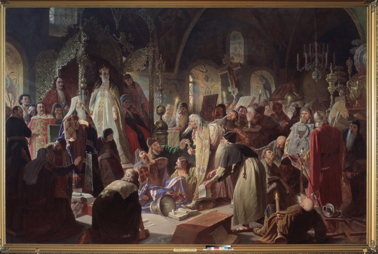 Den gamla troende (gamla troende) Påven Nikita Poustosviat (eller Nikita Dimitriovich Dobrynine, död 1683) diskuterade med patriarken av Moskva, Joachim (1620-1690), om frågan om tron ​​i närvaro av regenten Sophia Alexeievna Romanova ( 1657-1704 av Vasili Grigorevich Perov