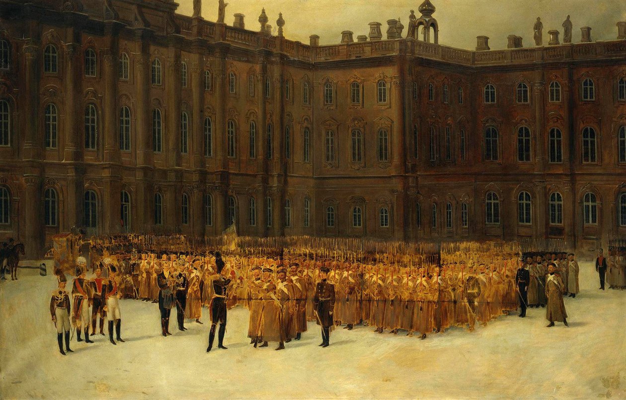 insurrection decembriste ou Insurrection decabriste (1825) - Nicholas I före enhetsbildningen av livgardets fältingenjörsbataljon i Vinterpalatsets domstol den 14 december par Maxutov, Vasili Nikolajevitj (1826-1886). Olja på duk, stl av Vasili Nikolayevich Maxutov