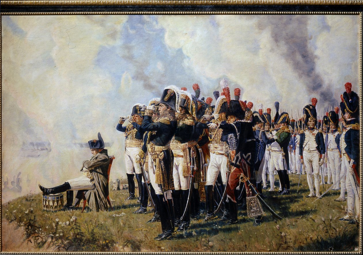 Napoleon Bonaparte (1769-1821) på Borodinos höjder. (Napoleon på Borodino-höjderna). Slaget vid Moskva (eller slaget vid Borodino, 7 september 1812, under det ryska fälttåget), Napoleon, sittande armar i kors, fundersam, beskrivs framför officerarna av Vasili Petrovich Vereschagin