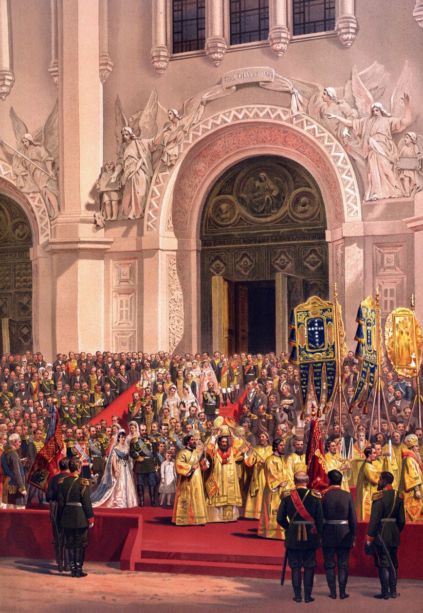 Kröningsalbum av tsar Alexander III av Ryssland (1845-1894) och kejsarinnan Maria Feodorovna (Dagmar av Danmark) (1847-1928) - Det kejserliga paret lämnar Frälsaren Kristus-katedralen (Från Kröningsalbumet) av Vasili Petrovich (Petr. av Vasili Petrovich Vereshchagin