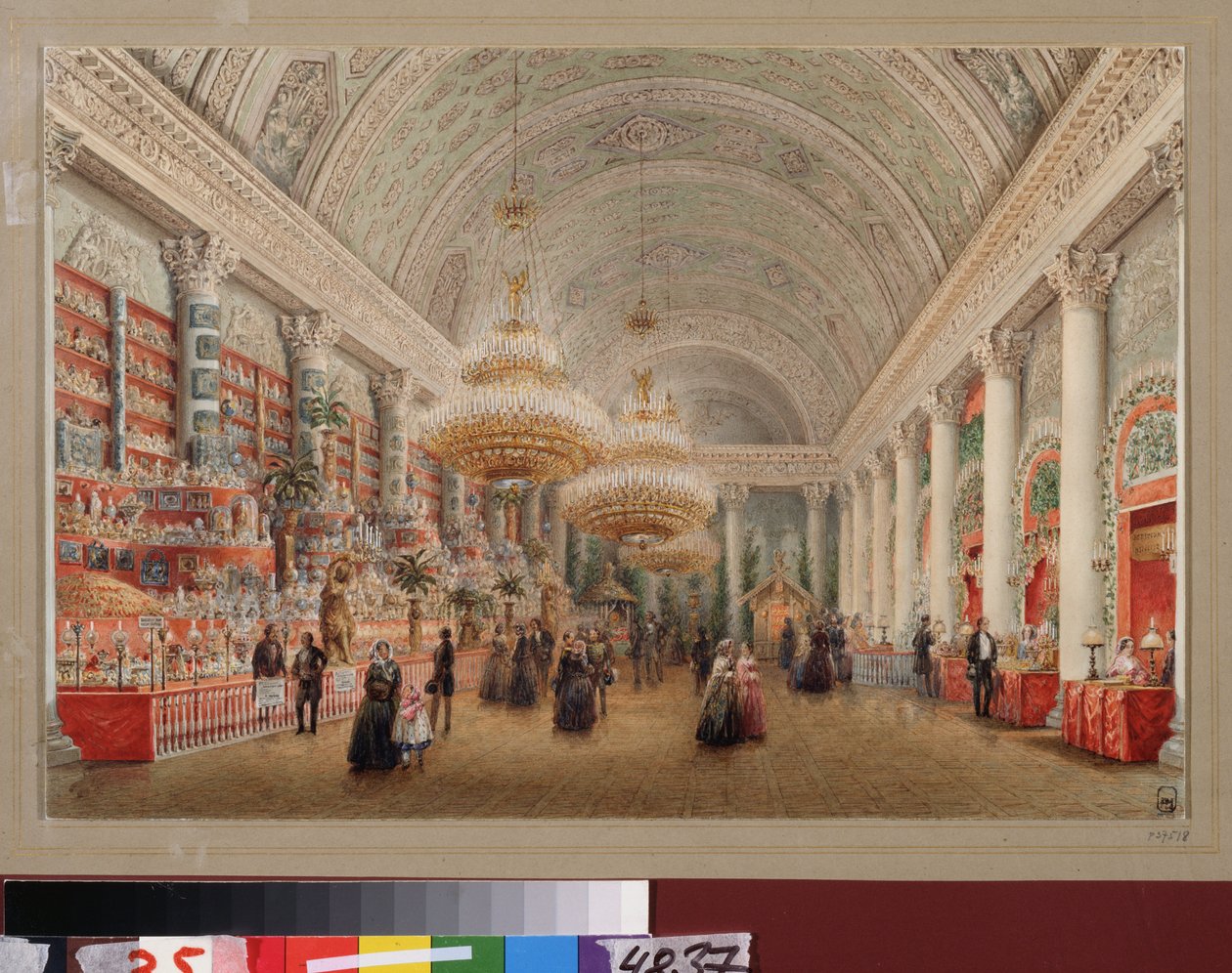 Välgörenhetsbasar i festsalen i Yusupov-palatset i Sankt Petersburg. Verk av Vasily Semyonovich Sadovnikov (1800-1879), akvarell på papper. rysk konst av Vasili Semenovich Sadovnikov