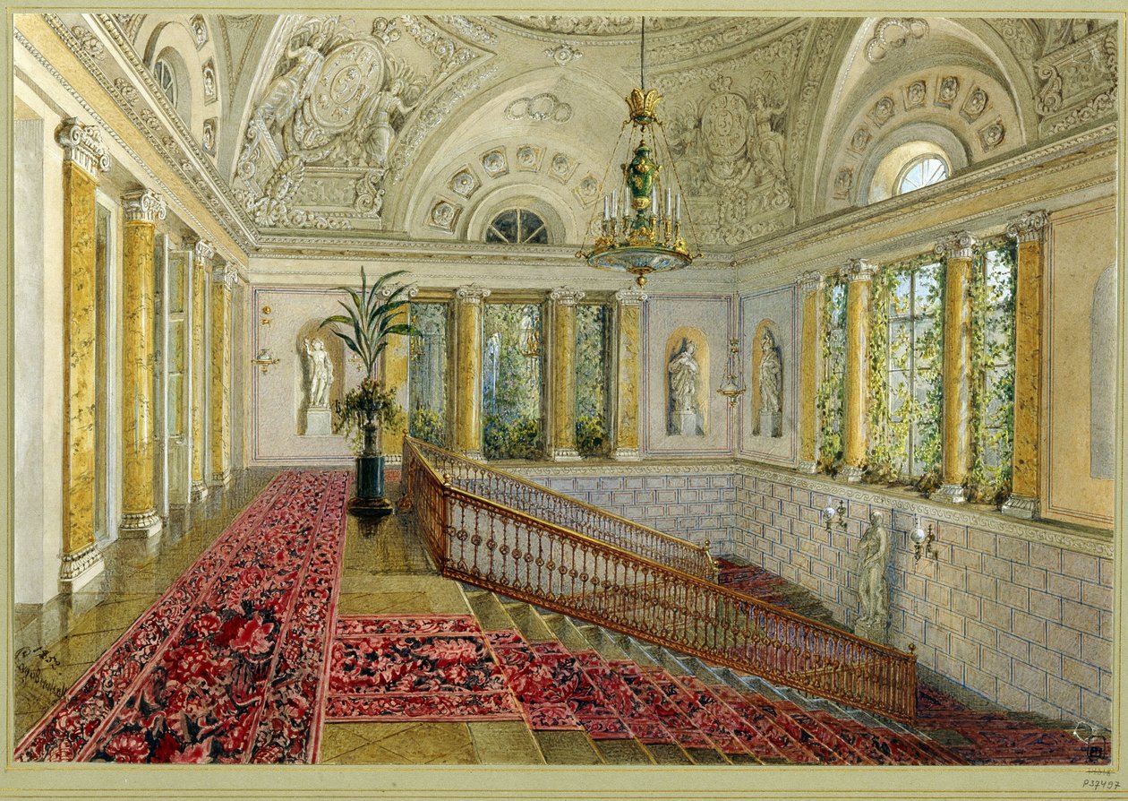 Trappa i ett palats. Verk av Vasily Semyonovich Sadovnikov (1800-1879), akvarell på papper av Vasili Semenovich Sadovnikov