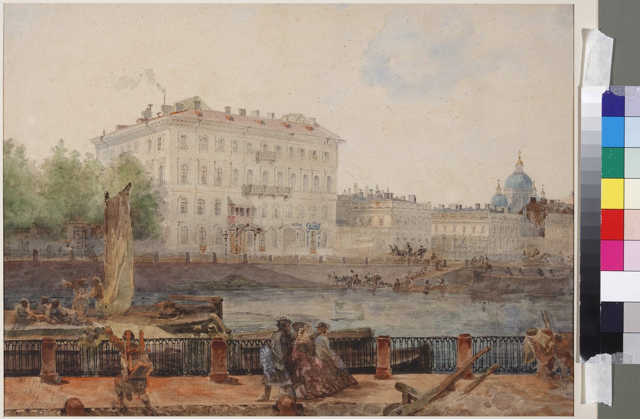 M.D. Tarasovas hus vid Fontankas vall, av Sadovnikov, Vasily Semyonovich (1800-1879). Akvarell på papper av Vasili Semenovich Sadovnikov