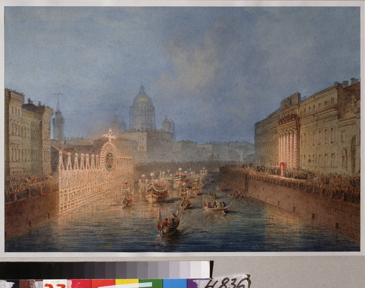 Belysning av Moikafloden i Sankt Petersburg. Verk av Vassily Semyonovich Sadovnikov (1800-1879), akvarell på papper av Vasili Semenovich Sadovnikov