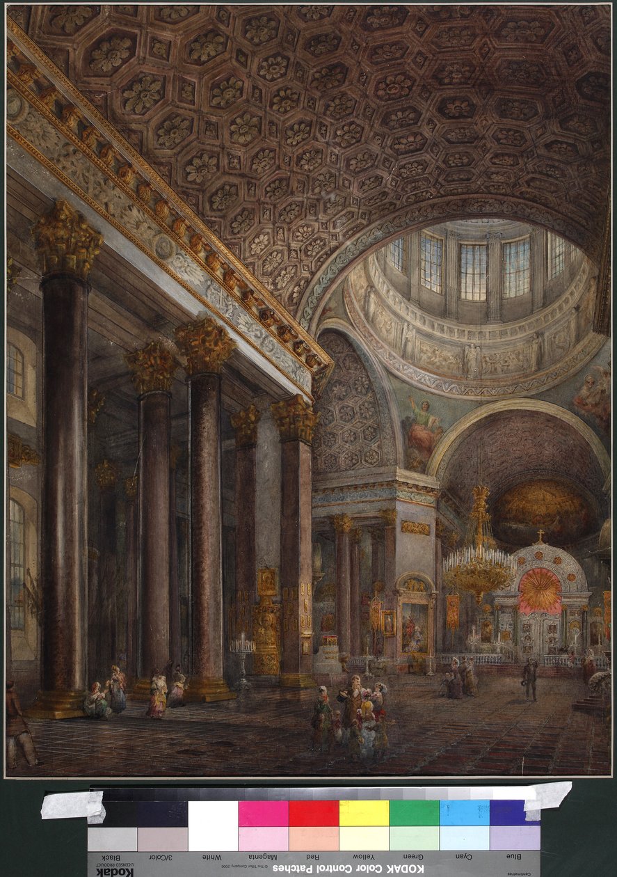 Interiörvy av Kazan-katedralen i St. Petersburg, av Sadovnikov, Vasily Semyonovich (1800-1879). Akvarell på papper av Vasili Semenovich Sadovnikov