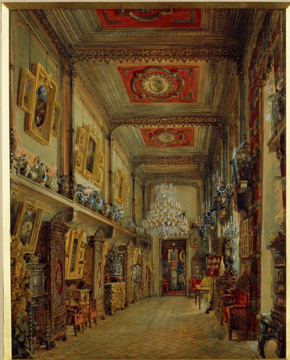 Biblioteket av Yusupov Palace (Moika Palace) i Sankt Petersburg. (Biblioteket i Yusupov-palatset i St Petersburg). Verk av Vasily Semyonovich Sadovnikov (1800-1879), akvarell på papper av Vasili Semenovich Sadovnikov