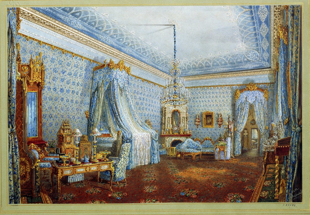 Rummet i Yusupovpalatset (Moikapalatset) i Sankt Petersburg (Rummet i Yusupovpalatset i St.Petersbourg). Verk av Vasily Semyonovich Sadovnikov (1800-1879), akvarell på papper. rysk konst av Vasili Semenovich Sadovnikov