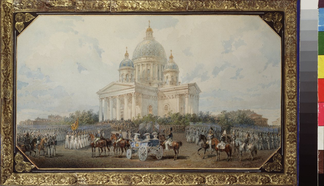 Paraden framför Sankt Isaks katedral i Sankt Petersburg. Verk av Vasily Semyonovich Sadovnikov (1800-1879), akvarell på papper av Vasili Semenovich Sadovnikov
