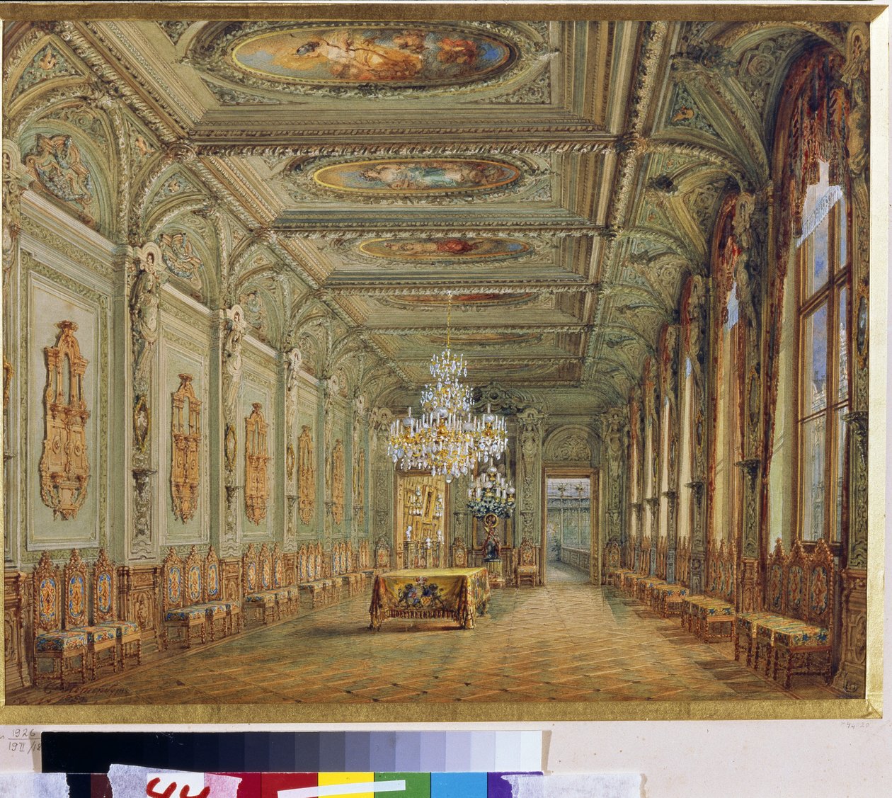 Huvudmatsalen (Henri II Gallery) i Yusupov Palace (Moika Palace) i Sankt Petersburg. (The Main Dining Room (Gallery of Henry II) i Yusupov Palace i St Petersburg). Konstverk av Vasily Semyonovich Sadovnikov (1800-1879), aqua av Vasili Semenovich Sadovnikov