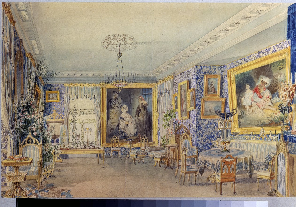 Vardagsrummet i Herrgården Verki. Verk av Vasily Semyonovich Sadovnikov (1800-1879), akvarell på papper av Vasili Semenovich Sadovnikov