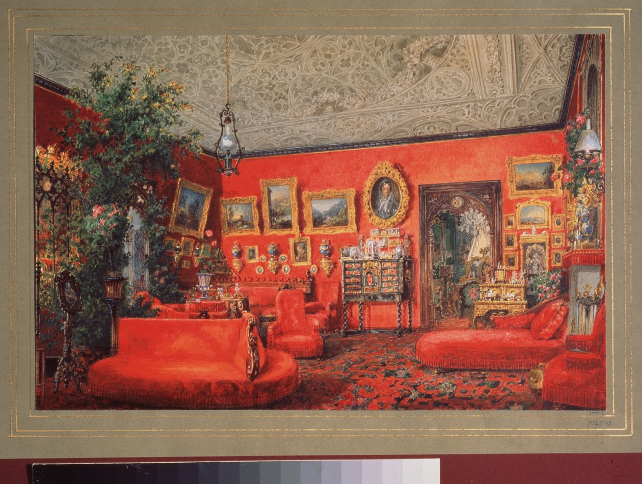 Det röda vardagsrummet i Yusupov-palatset i Sankt Petersburg. Verk av Vasily Semyonovich Sadovnikov (1800-1879), akvarell på papper. rysk konst av Vasili Semenovich Sadovnikov
