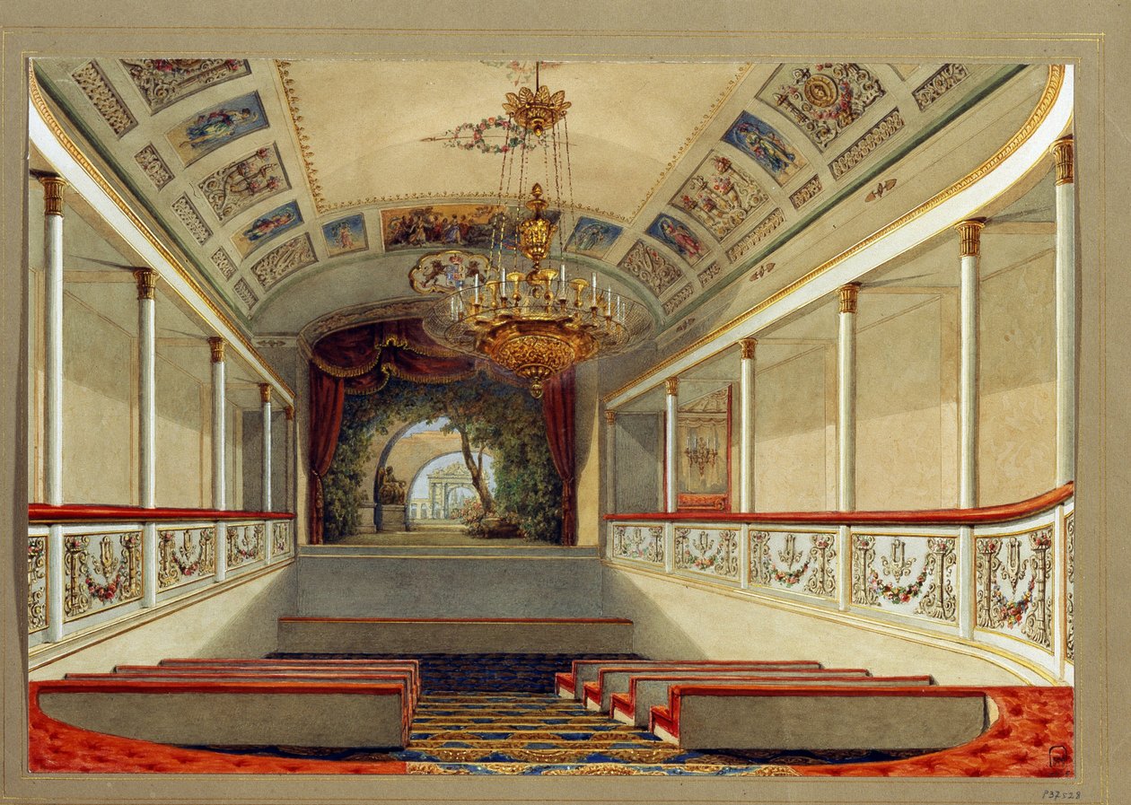 Teaterhallen i Yusupov-palatset (Moika-palatset), i Sankt Petersburg. (Hembio i Yusupov-palatset i St Petersburg). Verk av Vasily Semyonovich Sadovnikov (1800-1879), akvarell på papper. Rysk konst från 1800-talet. Staten Ryssland Mus av Vasili Semenovich Sadovnikov