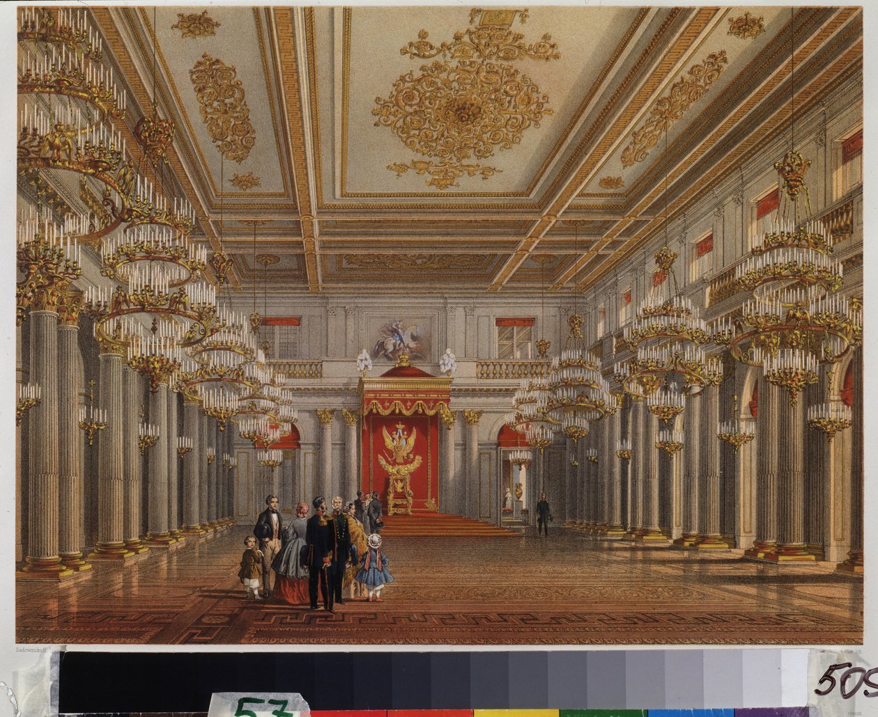 Throne Room (Hall of Saint George) i Vinterpalatset i Sankt Petersburg. Verk av Vasily Semyonovich Sadovnikov (1800-1879), akvarell på papper. Rysk konst från 1800-talet. A. Pushkin Memorial Museum, Sankt Petersburg. av Vasili Semenovich Sadovnikov