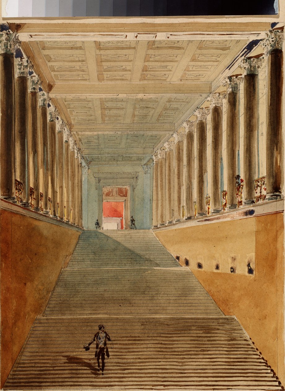 Den stora trappan (eller ambassadörstrappan eller Jordantrappan) i Vinterpalatset i Sankt Petersburg. Verk av Vasily Semyonovich Sadovnikov (1800-1879), akvarell på papper, cirka 1840. Rysk konst från 1800-talet. State A. Pushkin Museum of Fine Arts, Mos av Vasili Semenovich Sadovnikov