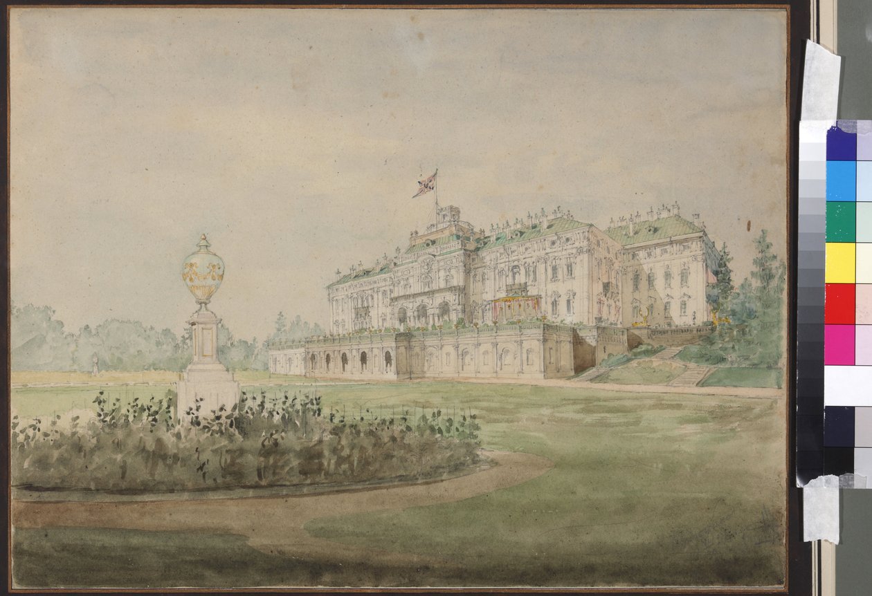 Le palais Constantin a Strelna, pres de Saint Petersbourg - Utsikt över Konstantinpalatset i Strelna nära St. Petersburg, av Sadovnikov, Vasily Semyonovich (1800-1879). Akvarell på papper av Vasili Semenovich Sadovnikov