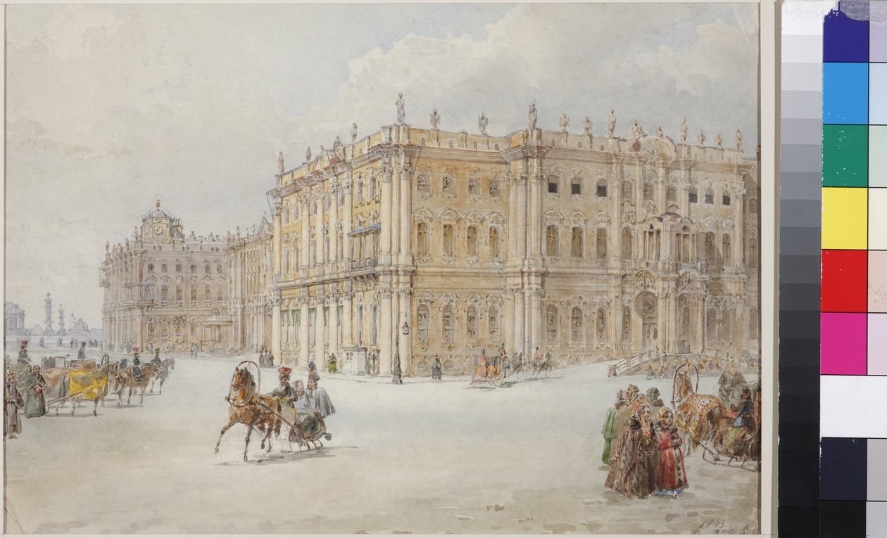 Kejsar Nicholas I:s färd genom palatstorget, av Sadovnikov, Vasily Semyonovich (1800-1879). Akvarell på papper av Vasili Semenovich Sadovnikov