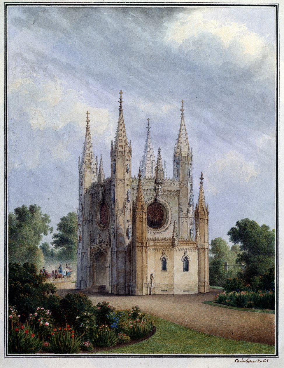 Den gotiska kyrkan Peterhof (Ryssland). Verk av Vasily Semyonovich Sadovnikov (1800-1879), akvarell på papper, mellan 1830-1840. rysk konst av Vasili Semenovich Sadovnikov
