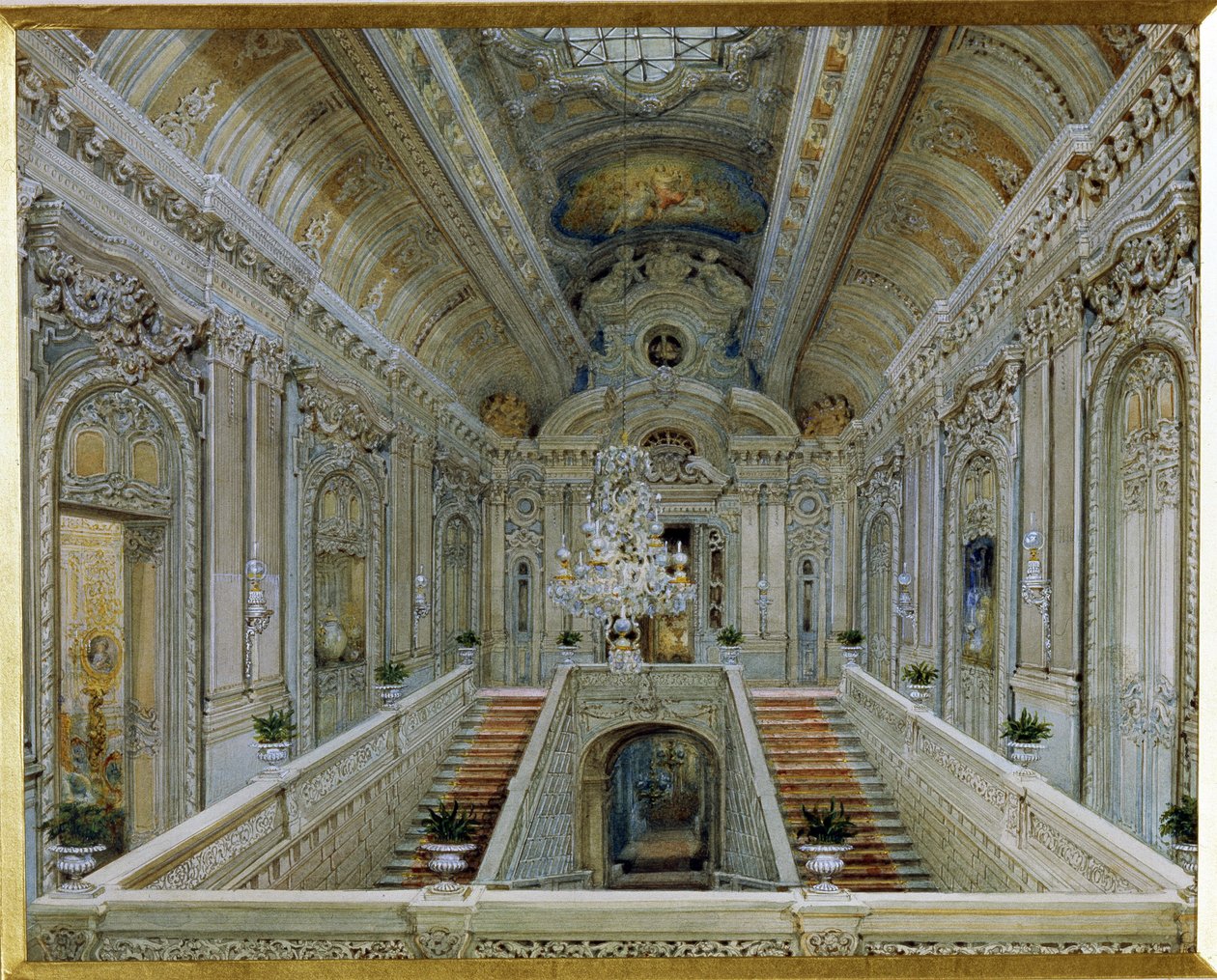 Huvudtrappan av Yusupov Palace (Moika Palace) i Sankt Petersburg. (Huvudtrappan i Yusupov-palatset i St Petersburg). Verk av Vasily Semyonovich Sadovnikov (1800-1879), akvarell på papper. rysk konst av Vasili Semenovich Sadovnikov