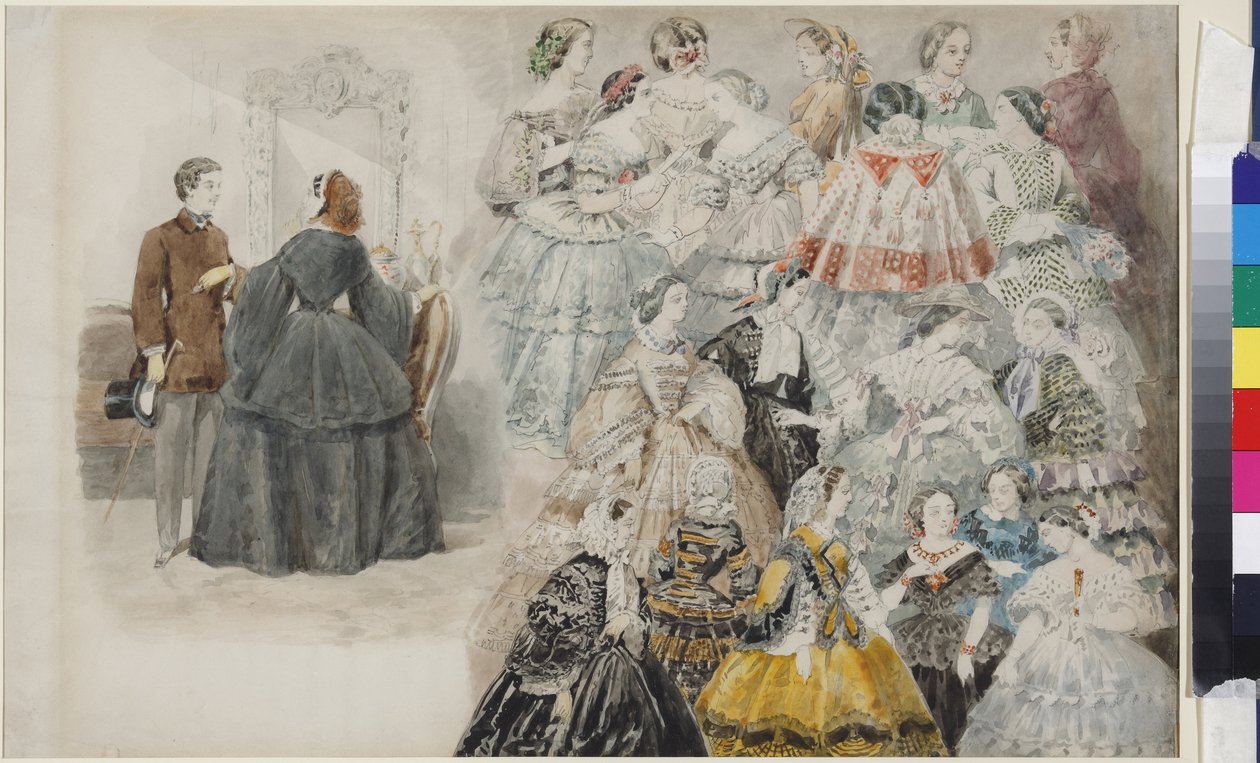 Mode feminin - Dammode, av Sadovnikov, Vasily Semyonovich (1800-1879). Akvarell på papper, slutet av 1840-talet. Statens museum för Sankt Petersburgs historia av Vasili Semenovich Sadovnikov